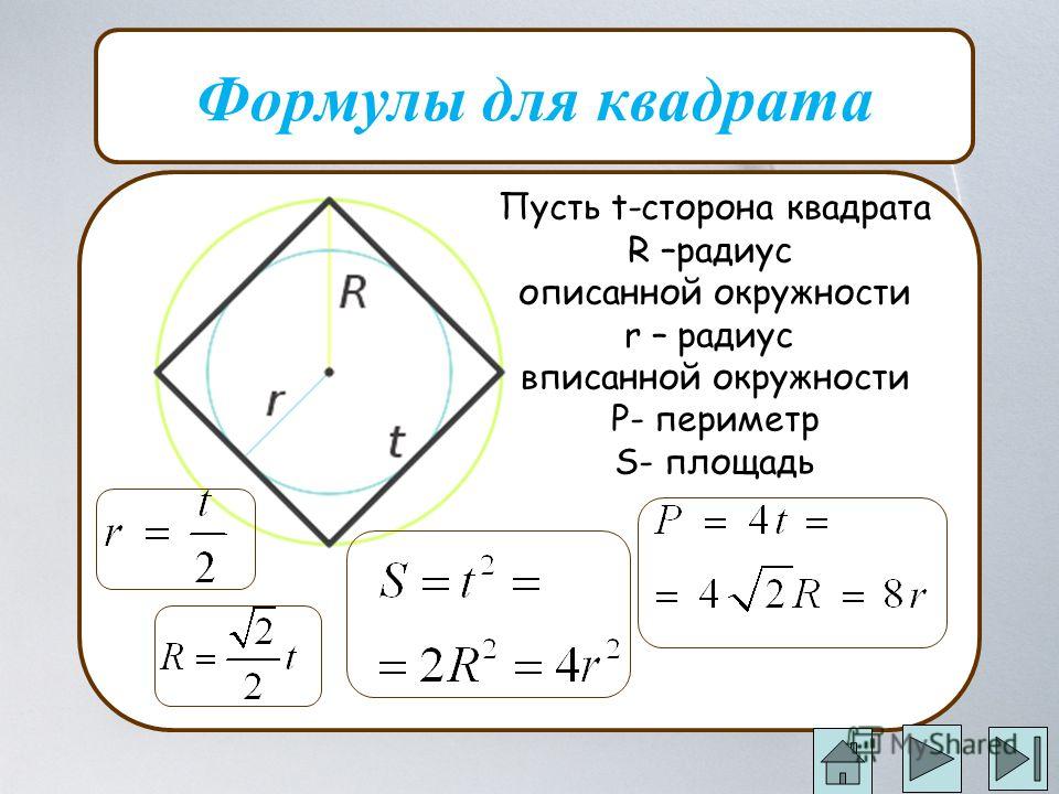 Сторона треугольника описанного вокруг квадрата. Формула радиуса описанной окружности квадрата. Формулы вписанной и описанной окружности квадрата. Формула стороны правильного квадрата. Правильный квадрат вписанный в окружность формулы.