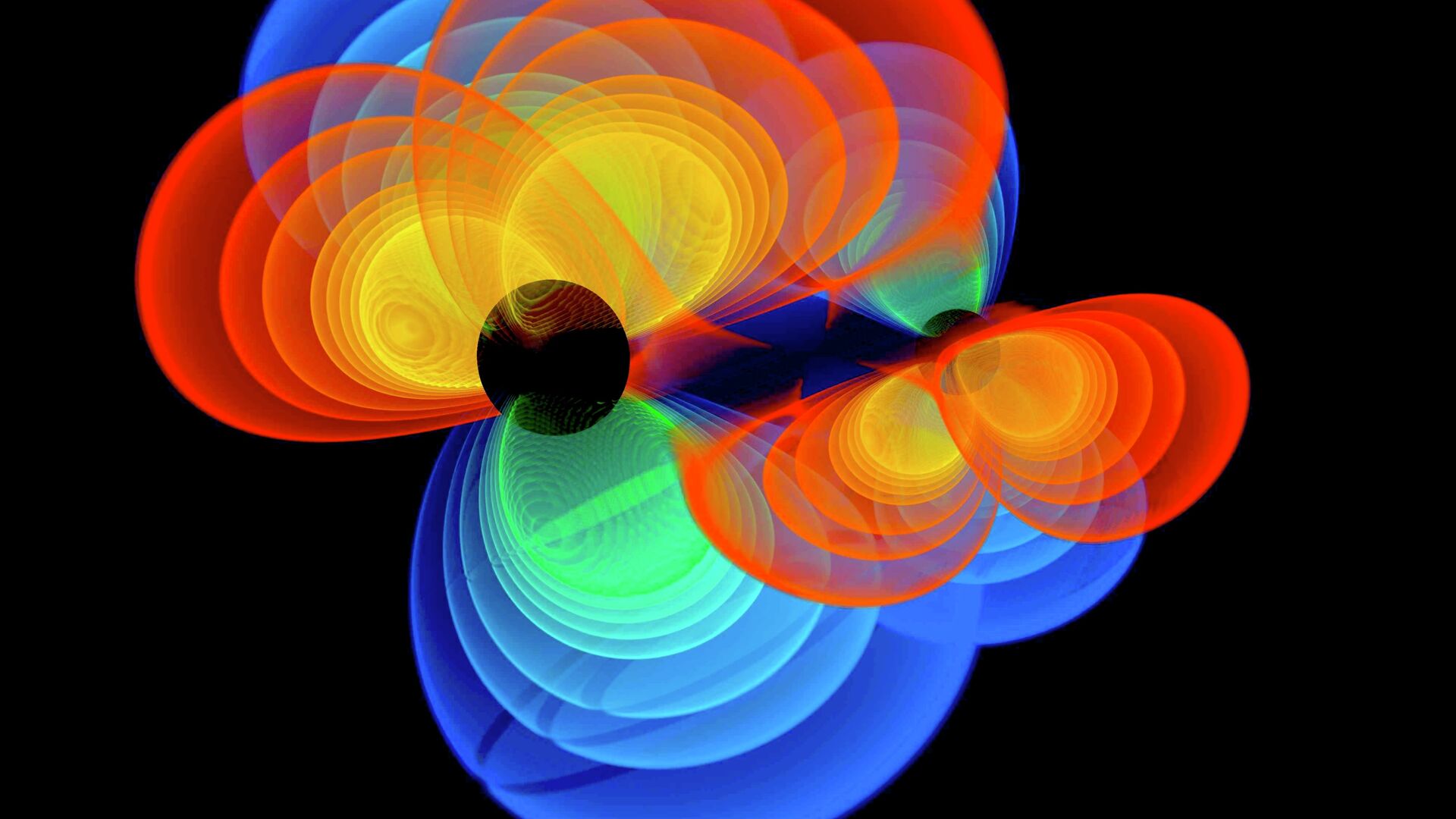 Так художник представил себе сливающиеся черные дыры и вырабатываемые ими гравитационные волны - РИА Новости, 1920, 27.03.2019