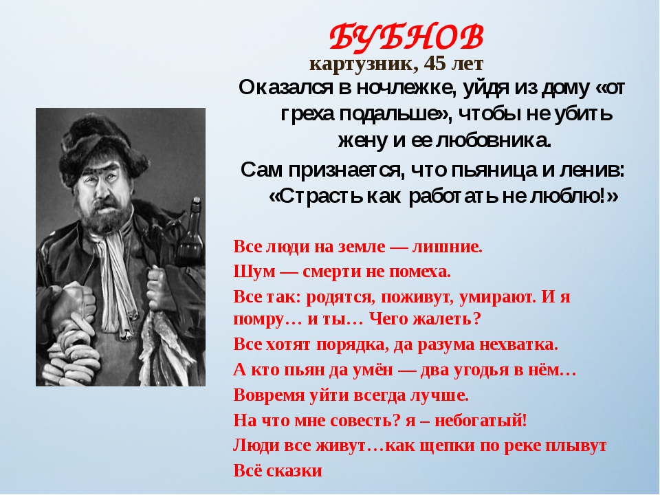 Расскажите историю жизни каждого ночлежника до того как они оказались на дне составьте план ответа