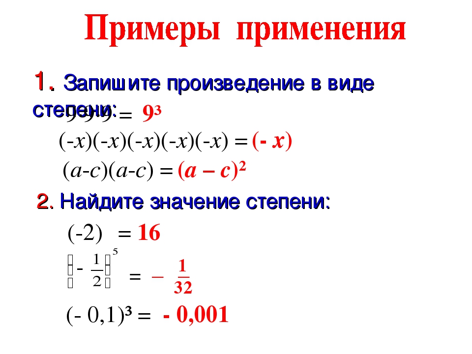 Произведение степеней. Степень степени произведения и дроби. Отрицательная степень числа. Вычисления с отрицательными степенями. Деление отрицательных степеней.