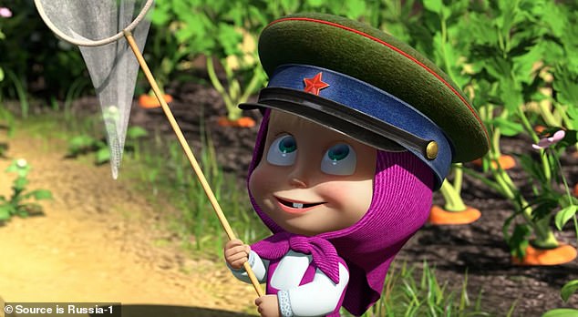 Masha from Masha and the Bear wearing a Soviet guards cap in an episode where she defends a cabbage patch from invaders, critics said this represents Russia and its borders