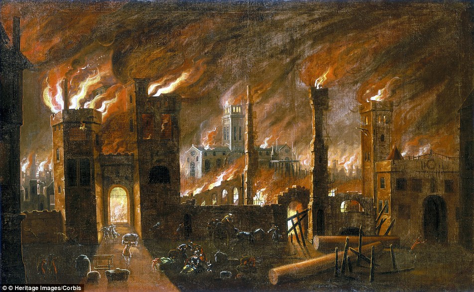 The fire (illustrated) lasted just under five days but a third of London was destroyed including 13,200 houses, 87 churches and St Paul