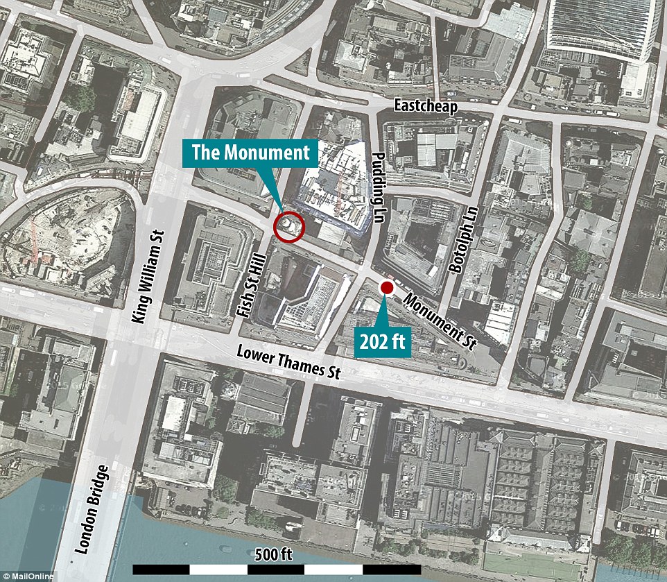 This map shows the location of Pudding Lane, the Monument tower and the spot in Monument Street identified as the location where the fire began. This location would have been part of Pudding Lane at the time of the fire, but its boundaries were moved when Monument Street was constructed in the late 19th century