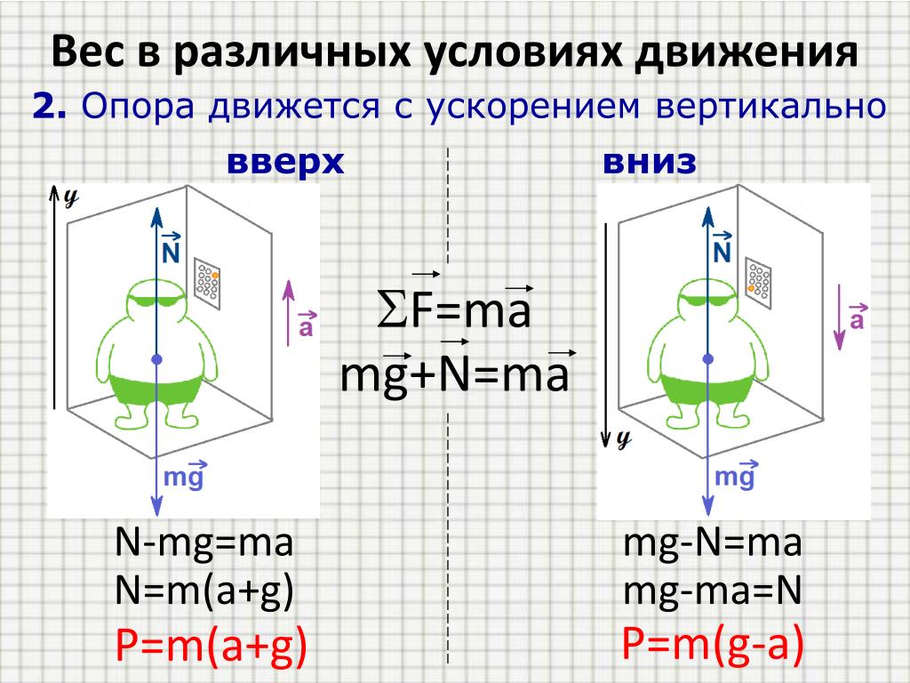 Модуль скорости автомобиля 1000 кг. Вес тела в разных условиях. Вес тела в различных условиях движения. Опора движется с ускорением вверх. Опора движется с ускорением вниз.