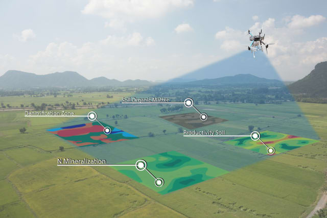 Agras MG-1 drone spraying a field. (Image courtesy of DJI.)