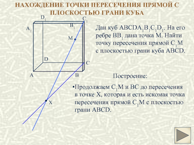 Плоскость грани куба. Нахождение точки пересечения прямой с плоскостью грани Куба. Точка пересечения прямой с плоскостью грани. Куб abcda1b1c1d1 пересечение плоскостей. Пересечение прямой с кубом.