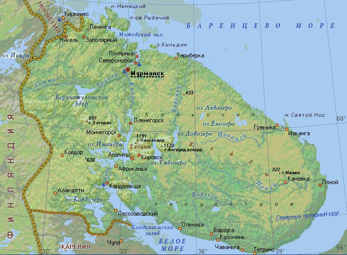 карта Кольского полуострова